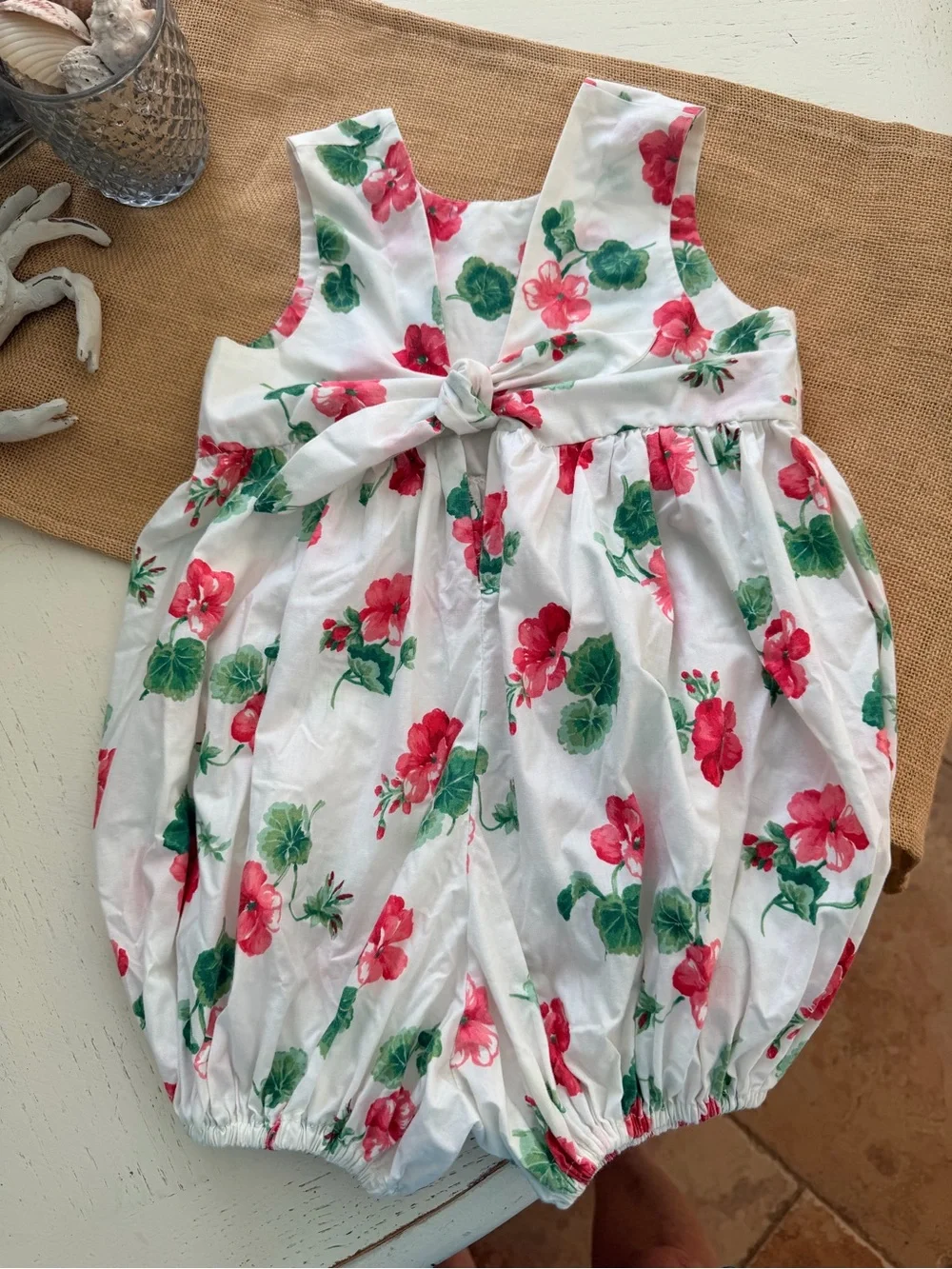 White Baby Floral Bubble Romper with Red & Green Flowers